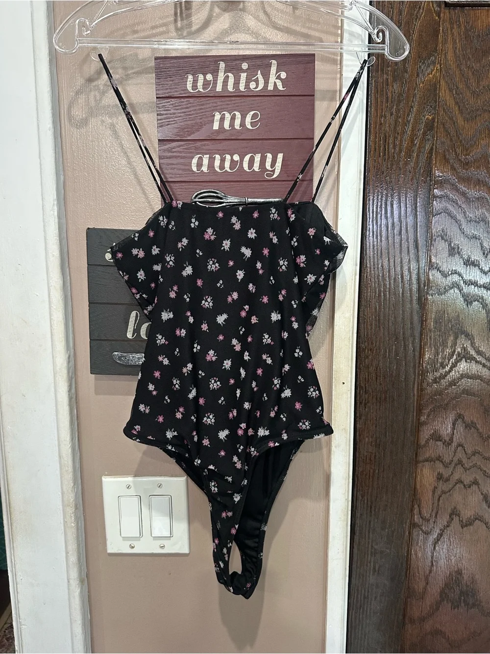 Black Floral Draped Bodysuit with Pink Accents